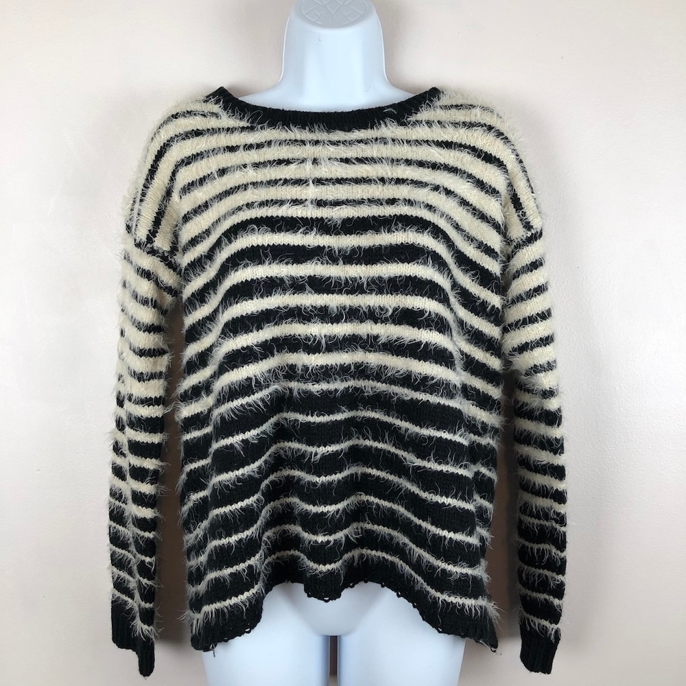 YAIRA  Black & White Stripe Crewneck Fuzzy Sweater